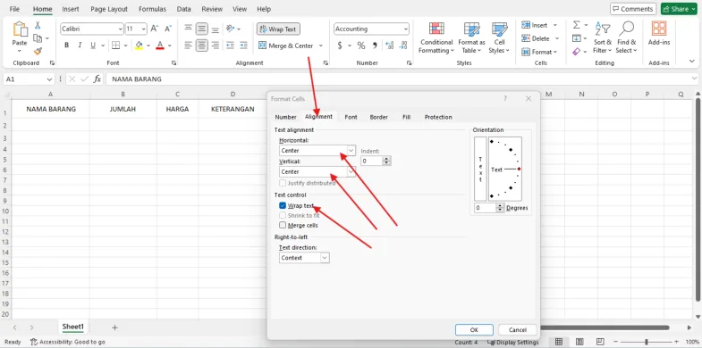 Tab Alignment pada Format Cells dengan Horizontal dan Vertical di Center