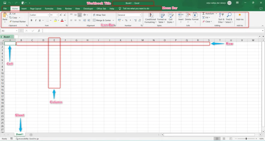 Tampilan jendela Microsoft Excel dengan penanda workbook title, menu bar, icon bar, cell, row, column, dan sheet