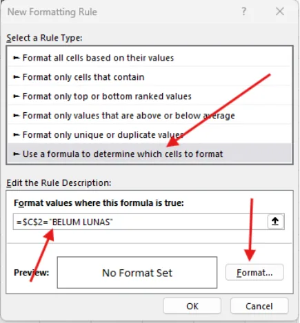 Kotak New Formatting Rule dengan rumus kondisi BELUM LUNAS