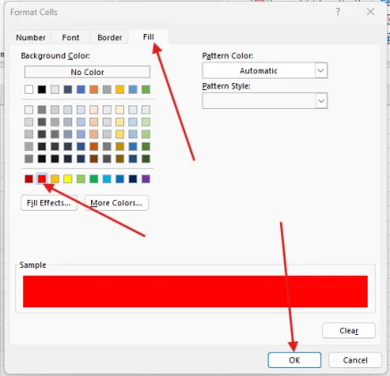 Tab Fill pada Format Cells untuk memilih warna merah