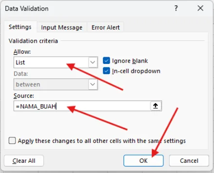 Kotak Data Validation dengan Allow List dan Source =NAMA_BUAH