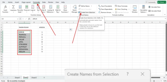 Tombol Create from Selection pada tab Formulas
