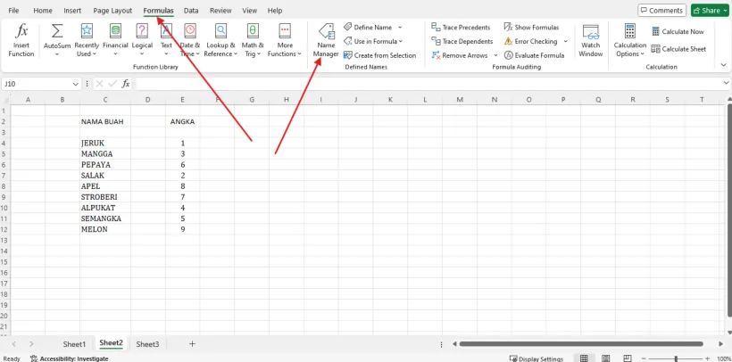 Tombol Name Manager pada tab Formulas