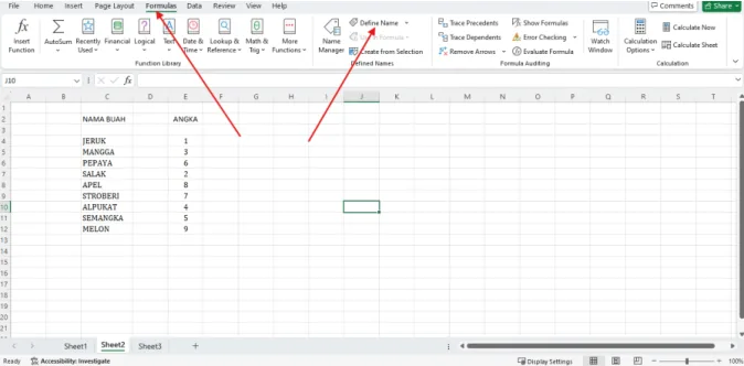 Tombol Define Name pada tab Formulas