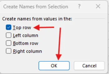 Kotak Create Names from Selection dengan Top row dicentang