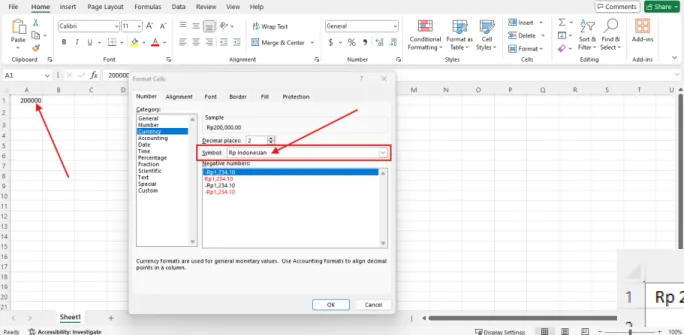 Kotak dialog Format Cells pada kategori Currency