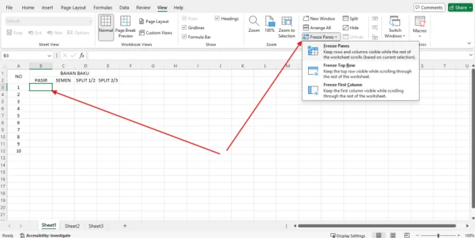 Menu Freeze Panes pada tab View dengan tiga pilihan