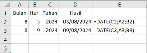 Contoh penggunaan fungsi DATE di Excel beserta hasilnya