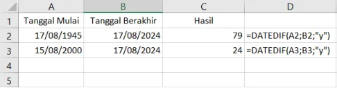 Contoh penggunaan fungsi DATEDIF di Excel beserta hasilnya