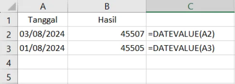 Contoh penggunaan fungsi DATEVALUE di Excel beserta hasilnya