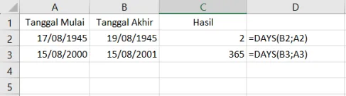 Contoh penggunaan fungsi DAYS di Excel beserta hasilnya