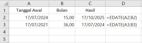 Contoh penggunaan fungsi EDATE di Excel beserta hasilnya