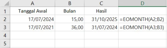 Contoh penggunaan fungsi EOMONTH di Excel beserta hasilnya