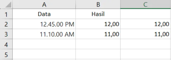 Contoh penggunaan fungsi HOUR di Excel beserta hasilnya
