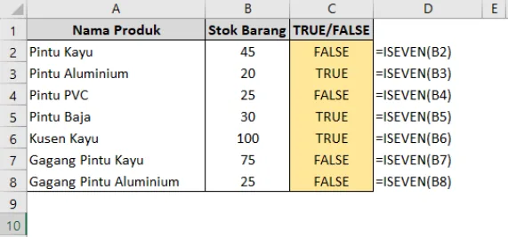 Contoh penggunaan fungsi ISEVEN di Excel beserta hasilnya