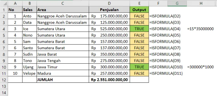 Contoh penggunaan fungsi ISFORMULA di Excel beserta hasilnya