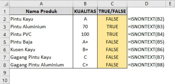 Contoh penggunaan fungsi ISNONTEXT di Excel beserta hasilnya