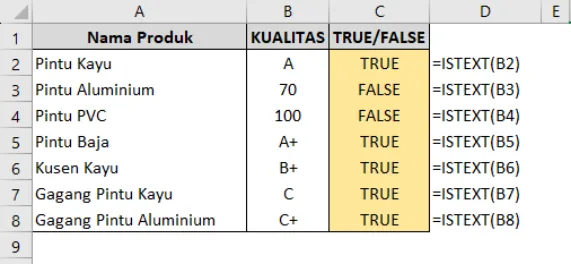 Contoh penggunaan fungsi ISTEXT di Excel beserta hasilnya
