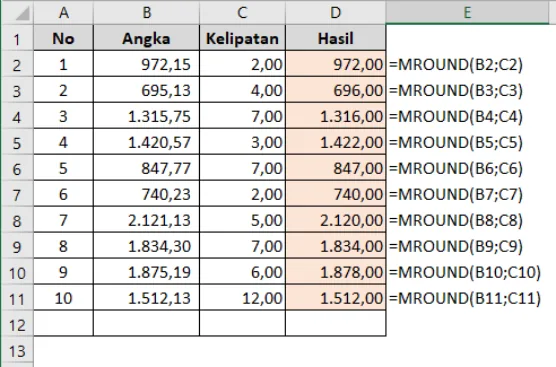 Contoh penggunaan fungsi MROUND di Excel beserta hasilnya