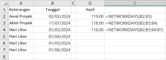 Contoh penggunaan fungsi NETWORKDAYS di Excel beserta hasilnya