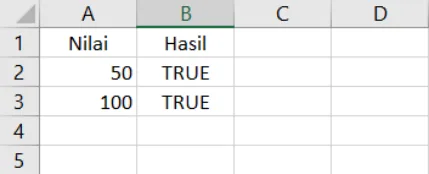 Contoh penggunaan fungsi OR di Excel beserta hasilnya