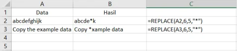 Contoh penggunaan fungsi REPLACE di Excel beserta hasilnya