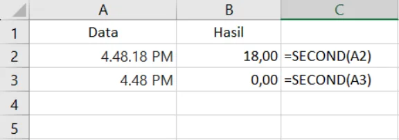 Contoh penggunaan fungsi SECOND di Excel beserta hasilnya