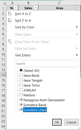 Memilih filter provinsi di Pulau Sumatera pada kolom Area