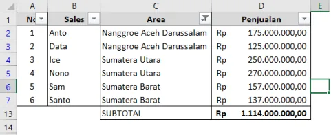 Hasil setelah difilter: subtotal hanya menjumlahkan data yang tampil