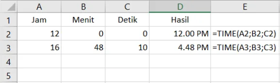Contoh penggunaan fungsi TIME di Excel beserta hasilnya