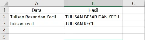 Contoh penggunaan fungsi UPPER di Excel beserta hasilnya
