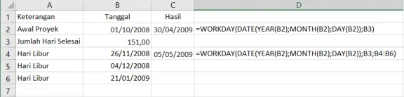 Contoh penggunaan fungsi WORKDAY di Excel beserta hasilnya