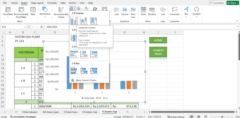 Tab Insert dengan grup Charts dan pilihan jenis grafik kolom