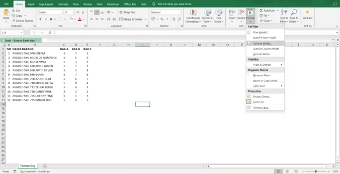 Menu Format pada tab Home untuk membuka Column Width
