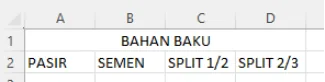 Hasil Merge & Center: sel A1 sampai D1 menjadi satu sel berjudul BAHAN BAKU