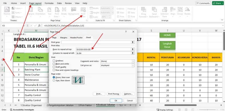 Kotak Page Setup tab Sheet dengan isian Rows to repeat at top dan Columns to repeat at left