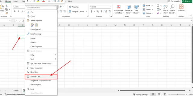 Menu klik kanan dengan pilihan Format Cells