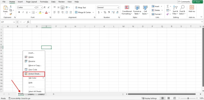 Menu klik kanan pada tab sheet dengan pilihan Protect Sheet