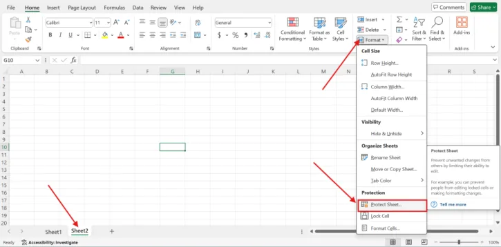Menu Format dengan pilihan Protect Sheet