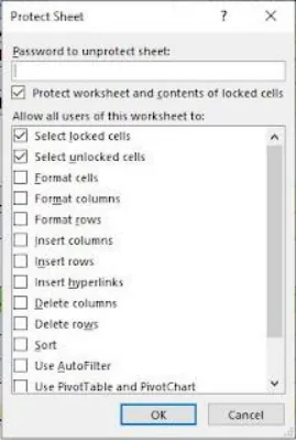 Kotak dialog Protect Sheet berisi isian password dan daftar izin