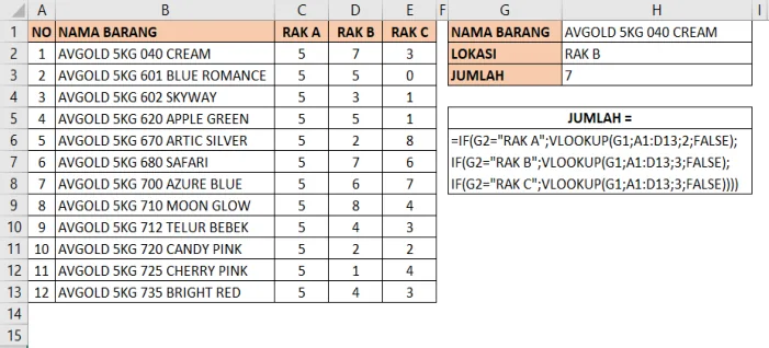 Tabel stok per rak dan rumus campuran IF dengan VLOOKUP untuk mengambil stok sesuai rak