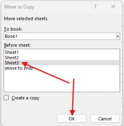 Kotak dialog Move or Copy dengan daftar Before sheet