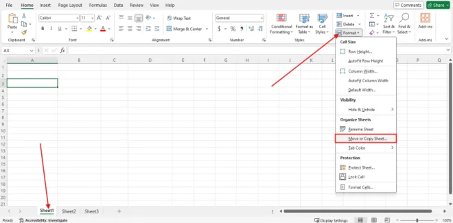Menu Format dengan pilihan Move or Copy Sheet