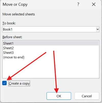 Kotak dialog Move or Copy dengan kotak centang Create a copy