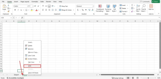 Menu klik kanan pada tab sheet dengan pilihan Hide