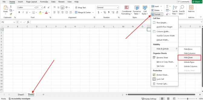 Menu Format, Hide & Unhide, lalu Hide Sheet