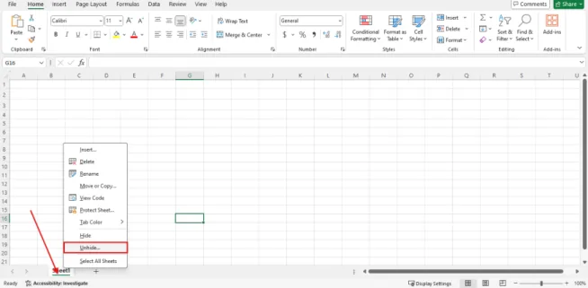 Menu klik kanan pada tab sheet dengan pilihan Unhide