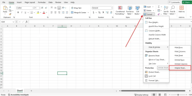 Menu Format, Hide & Unhide, lalu Unhide Sheet