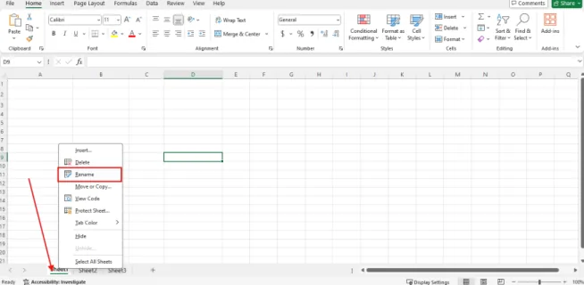 Menu klik kanan pada tab sheet dengan pilihan Rename