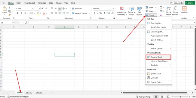 Menu Format dengan pilihan Rename Sheet